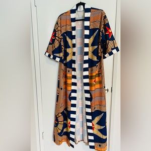 Tribal printed duster w/pockets, 55 inches, size M. orange blue and red colors